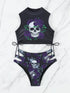 Bikini Skull Print Hollow-Out 2 Piece Swimsuit for Women – Sexy Lace-Up Floral Tie Bathing Suit with Crew Neck – High Stretch Halloween Inspired Bikini Set for Beach Party, Festival, and Summer Vacation