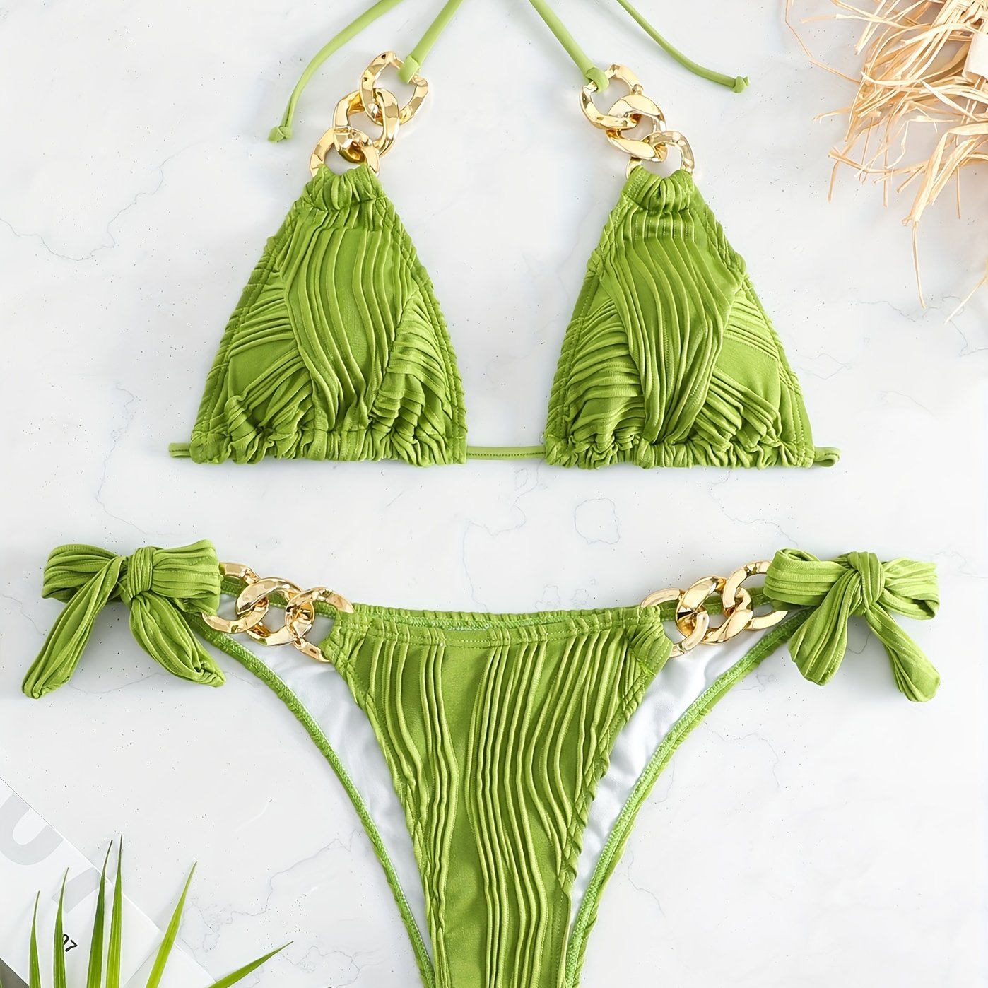 Bikini Ruched Texture Golden Chain 2 Piece Triangle Swimsuit for Women – Striped Halter Bikini Set with Bow Tie Side and Elegant Ring Link Detail – Stretchy Beachwear for Pool Bathing and Summer Vacations