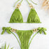 Bikini Ruched Texture Golden Chain 2 Piece Triangle Swimsuit for Women – Striped Halter Bikini Set with Bow Tie Side and Elegant Ring Link Detail – Stretchy Beachwear for Pool Bathing and Summer Vacations