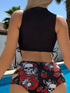 Bikini Skull Print Hollow-Out 2 Piece Swimsuit for Women – Sexy Lace-Up Floral Tie Bathing Suit with Crew Neck – High Stretch Halloween Inspired Bikini Set for Beach Party, Festival, and Summer Vacation