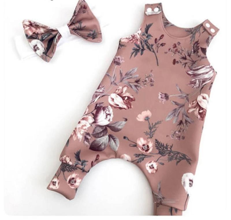 Floral Newborn Baby Girls Sleeve less Printed Rompers Jumpsuit Headband Clothes Sets Outfits For Baby Girls With Bow