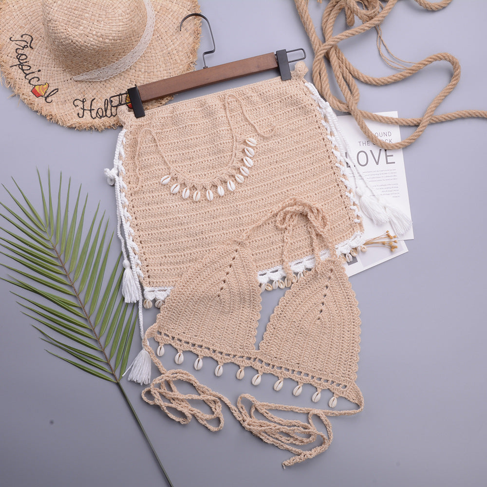 Bikini Set Woman Crochet Shell Tassel Bikini Top And Seashell Beach Skirt Lace See Through Bikini Women Beach Summer 2 Piece Outfits Crochet Mesh Bikini Top and Skirt Set