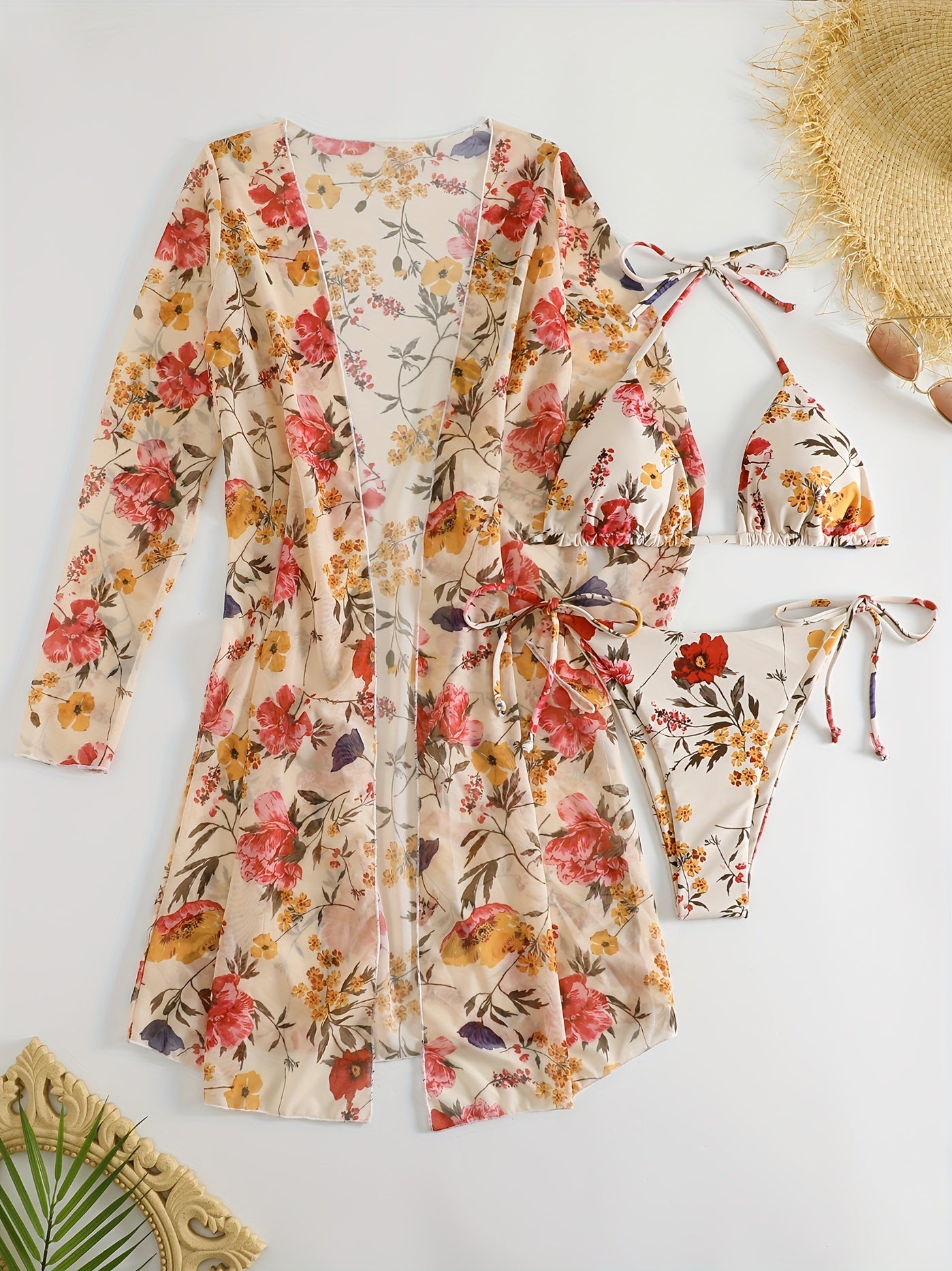 Bikini European Style Floral Print 3 Piece Swimsuit Set for Women – Sexy V Neck Bikini with Cross Strap Detail and Matching Long Sleeve Cover-Up – High Stretch Trendy Swimwear for Summer Beach Vacations Resort Looks and Poolside Fashion