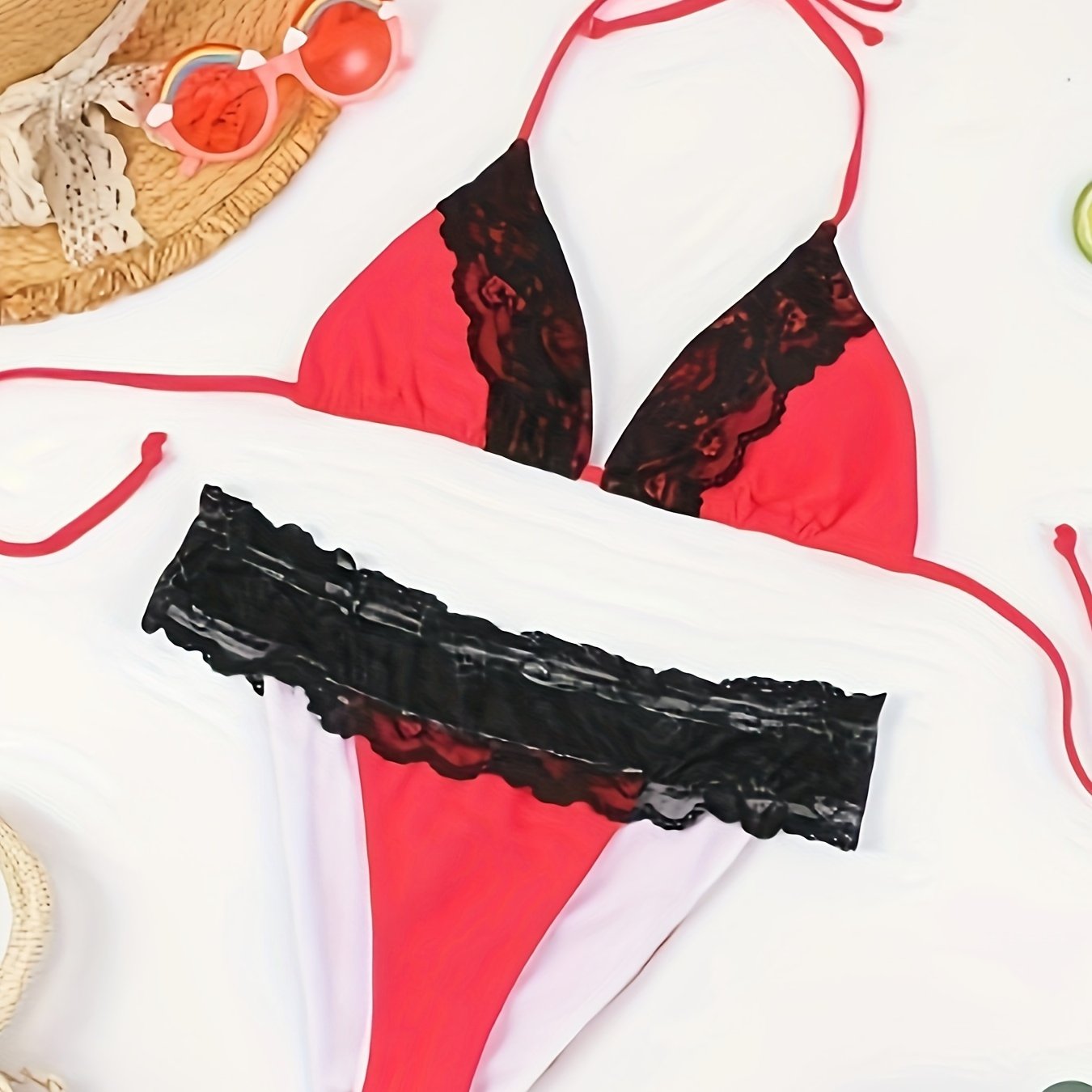 Riviera Glow Color Block Halter Bikini Set for Women – Deep V-Neck Lace Trim Two-Piece Flattering Swimsuit with Adjustable Tie Back & High-Cut Bottoms – Ultra-Stretch Polyamide Swimwear for Confident Summer Style