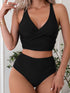 Bikini Solid Black Twist Front High Waist 2 Piece Swimsuit for Women – Stretchy V Neck Bikini Set with Ruched Tummy Control and Cross Strape Detail – Quick Drying Polyamide Swimwear for Beachwear Poolside and Summer Travel