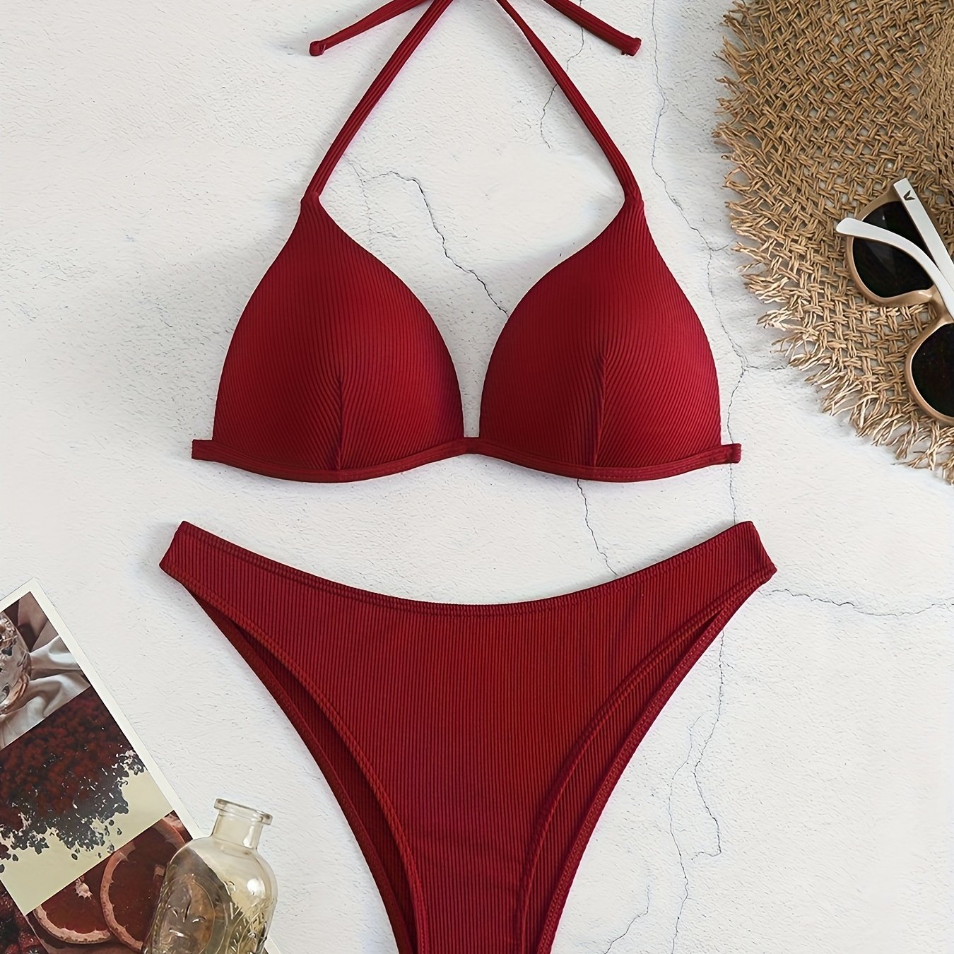 Bikini Rib Knit Solid Color Triangle 2 Piece Swimsuit for Women – Adjustable Tie Back Halter Bikini Set with Spaghetti Straps – High Stretch Polyester Swimwear for Summer Beachwear Poolside Relaxation and Tropical Vacation