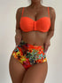 Bikini Tangerine Red Tropical Floral High Waist 2 Piece Swimsuit for Women – Stretchy Off the Shoulder Lace Up Bikini Set with Tummy Control and Customized Fit – Vibrant Summer Beachwear for Vacation Poolside and Resort Looks