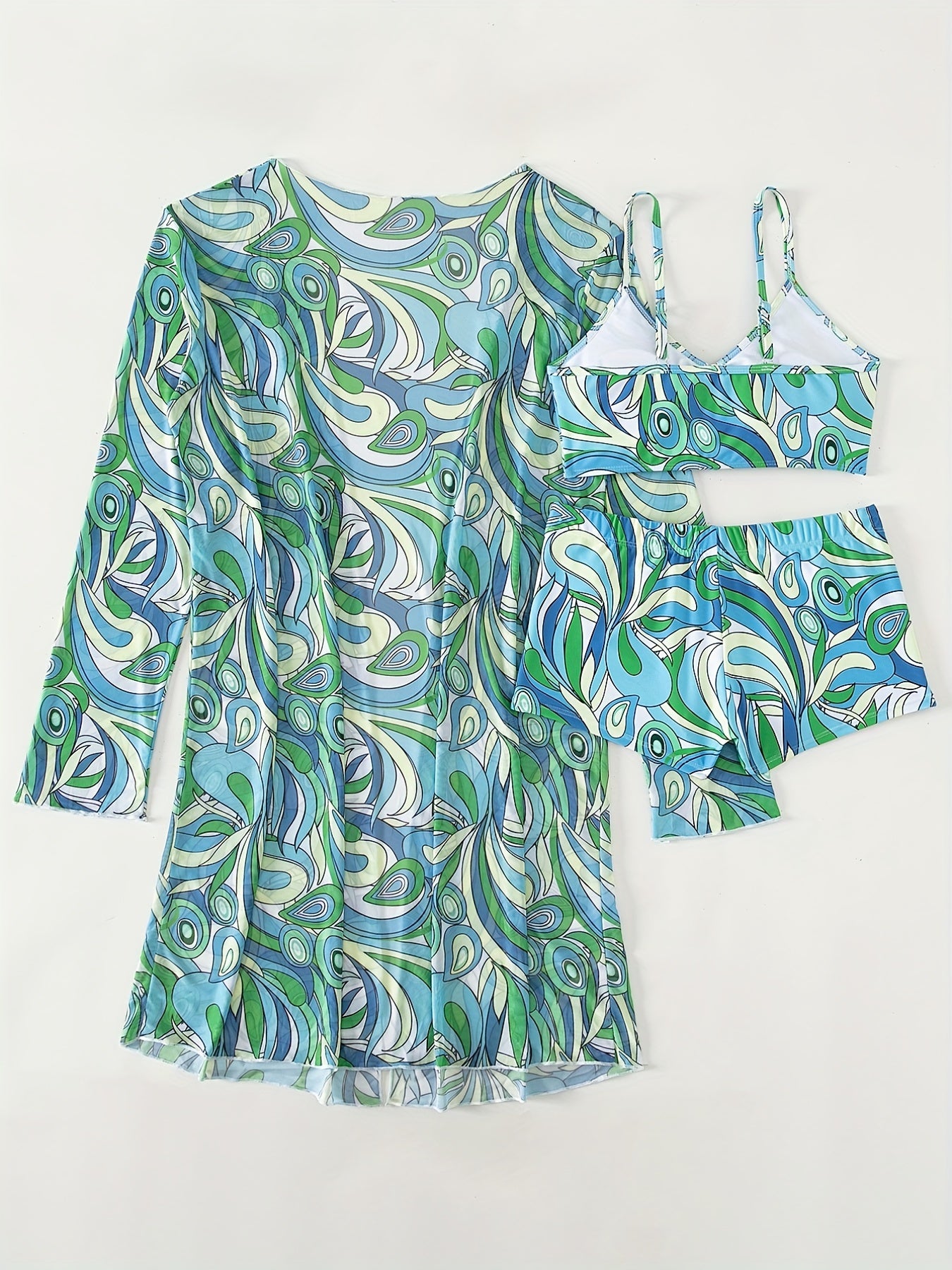 Modern Geo 3-Piece Bikini Set – Vibrant Geometric Print Fluttering Swimwear with V-Neck Top Boxer Shorts Bottoms and Long Sleeve Cover Shirt – Comfortable High-Stretch Women’s Beachwear for Pool & Summer Vacations