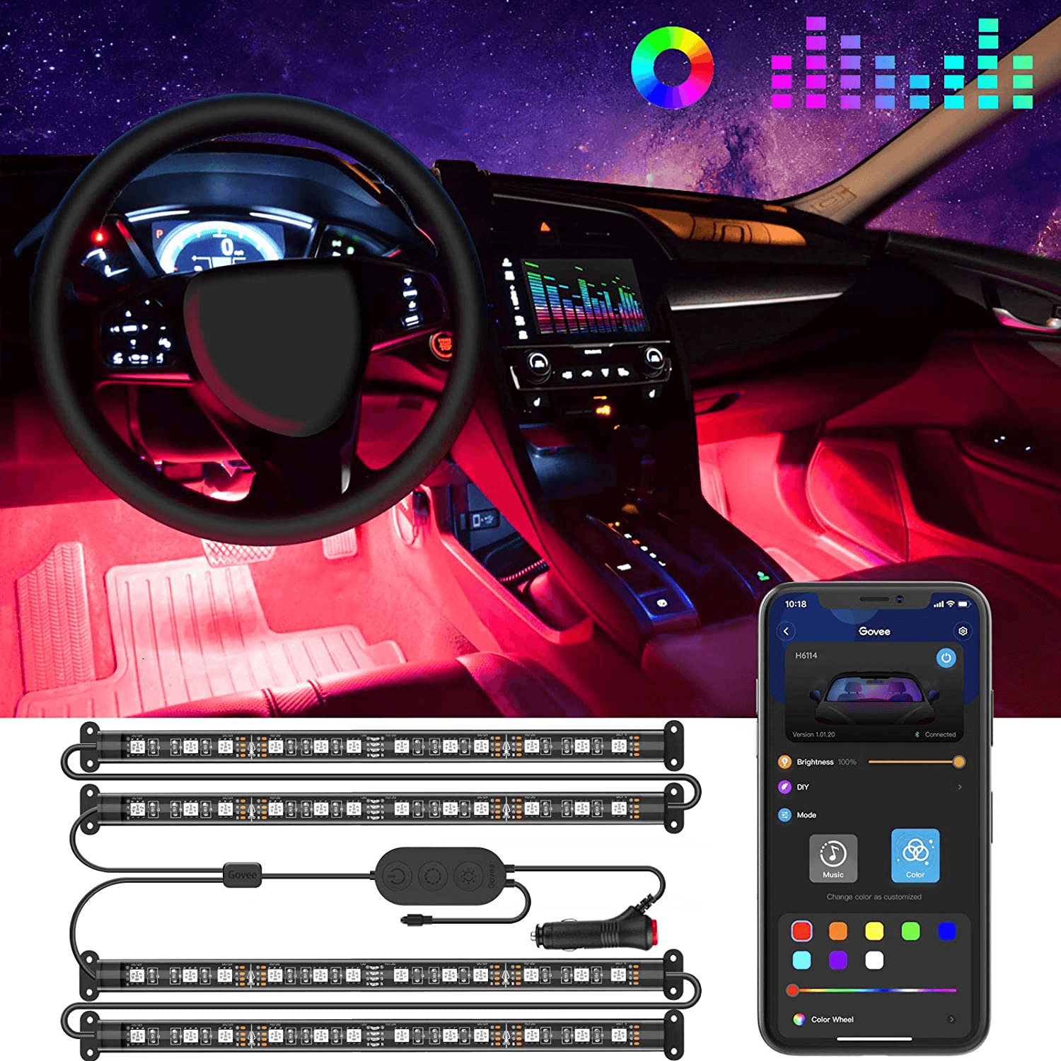Lights LED Car Strip Lights with Two-Line Waterproof Design RGB LED Strip Light With USB Wireless Remote Music Control Multiple Modes For Auto Car
