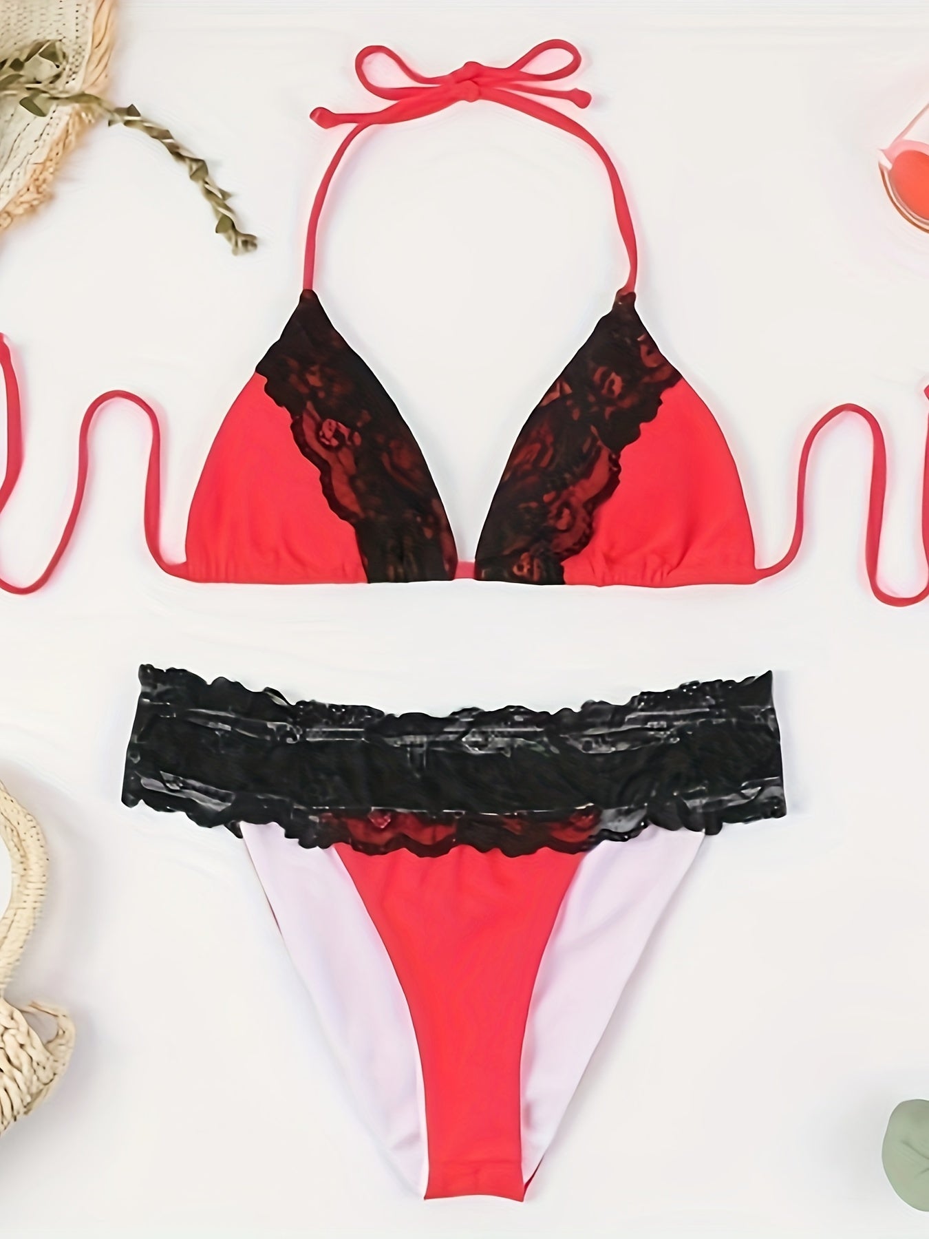 Riviera Glow Color Block Halter Bikini Set for Women – Deep V-Neck Lace Trim Two-Piece Flattering Swimsuit with Adjustable Tie Back & High-Cut Bottoms – Ultra-Stretch Polyamide Swimwear for Confident Summer Style