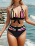 New Bikini Striped Bow Halter High Waist 2 Piece Swimsuit for Women – Colorful Backless Bikini Set with Knot Detail for Summer – Stretchy Retro-Inspired Summer Bathing Suit for Beach Vacation Pool Party Resort Look