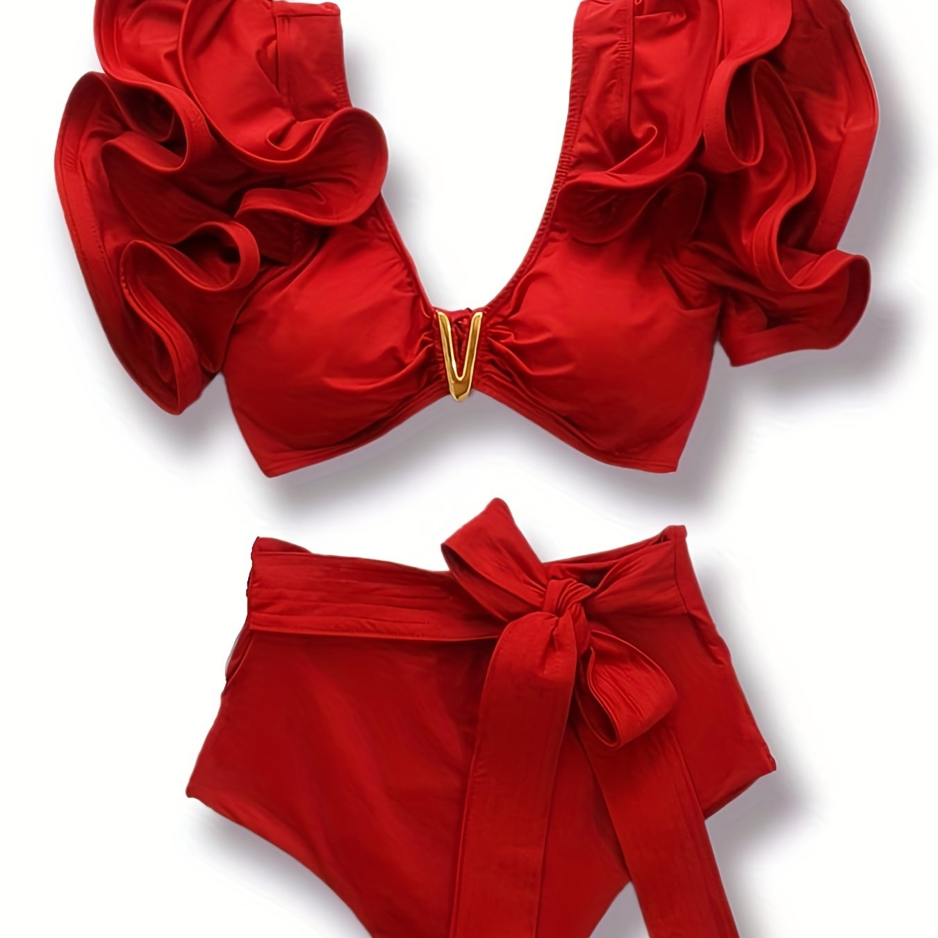 New Vibrant Ruffle V-Notch Bikini Set – Flattering Tie Front Design with High Waist & High Cut Bottoms – Solid Color Two-Piece Swimsuit for Women’s Valentine’s Day Beachwear Poolside Lounging & Summer Escapes