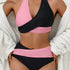 Bikini Black and White Contrast Color Criss Cross Neck 2 Piece Swimsuit for Women – Stylish Medium Stretch Two-Tone Bikini Set with Unique Neckline and Flattering Fit – Modern Swimwear for Beach Days, Pool Lounging, and Summer Escapes