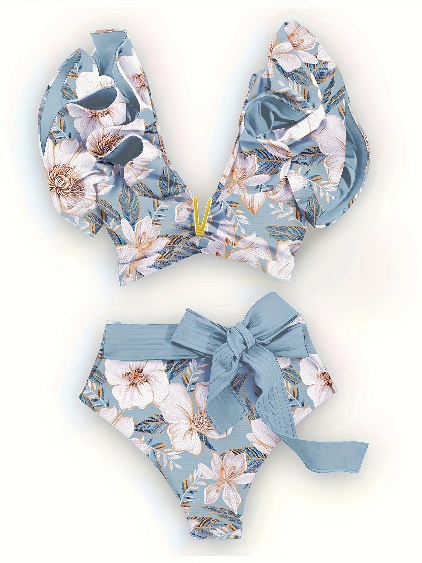 New Vibrant Ruffle V-Notch Bikini Set – Flattering Tie Front Design with High Waist & High Cut Bottoms – Solid Color Two-Piece Swimsuit for Women’s Valentine’s Day Beachwear Poolside Lounging & Summer Escapes