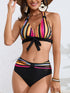 New Bikini Striped Bow Halter High Waist 2 Piece Swimsuit for Women – Colorful Backless Bikini Set with Knot Detail for Summer – Stretchy Retro-Inspired Summer Bathing Suit for Beach Vacation Pool Party Resort Look