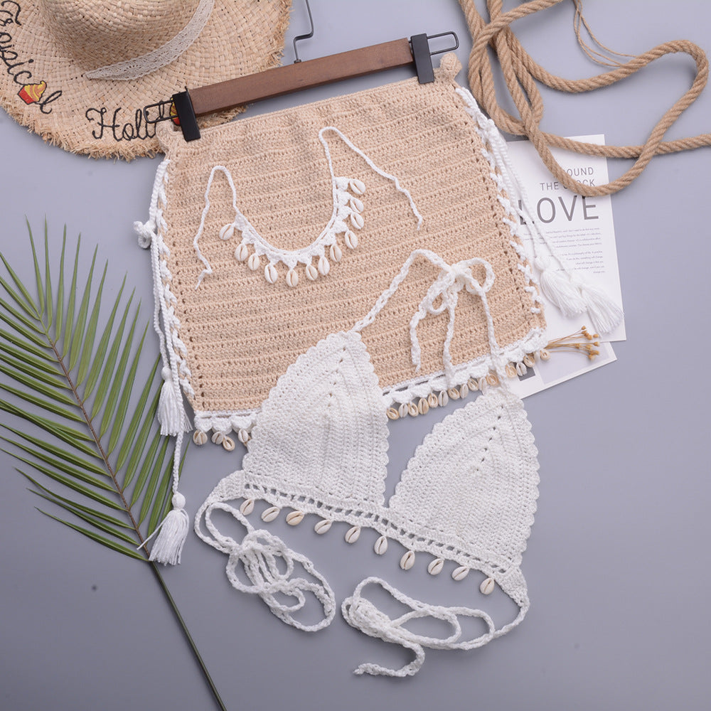 Bikini Set Woman Crochet Shell Tassel Bikini Top And Seashell Beach Skirt Lace See Through Bikini Women Beach Summer 2 Piece Outfits Crochet Mesh Bikini Top and Skirt Set