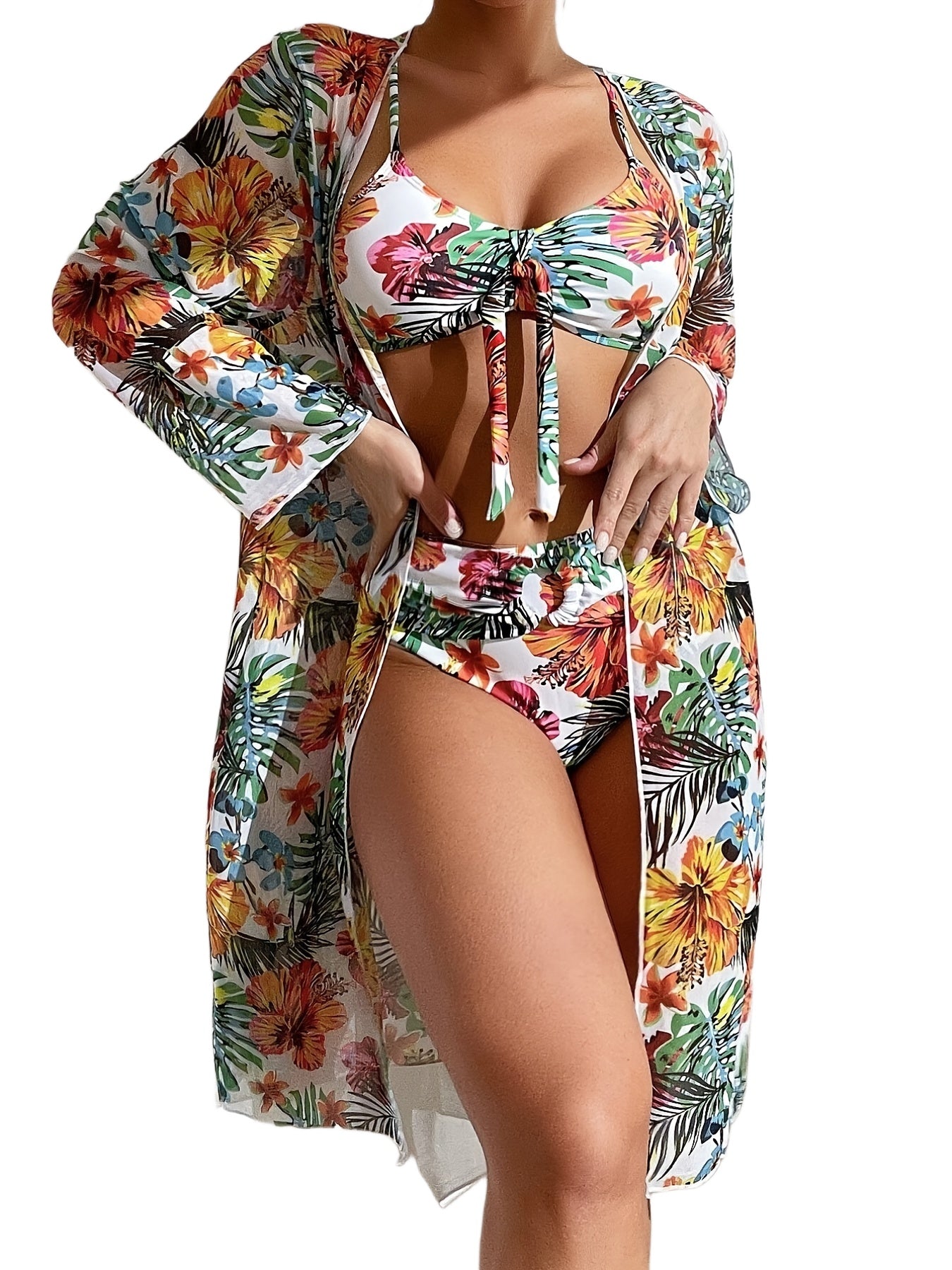 New Tropical Bloom 3-Piece Swimsuit Set – High Waist Floral Fluttering Bikini with Crew Neck Top Spaghetti Straps and Matching Long Sleeve Cover-Up – Stylish Stretchy Women’s Swimwear for Beach & Summer Escapes