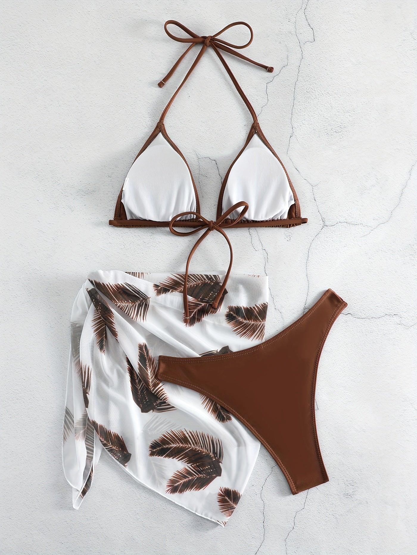 Feather Luxe 3-Piece Bikini Set – Exotic Feather Print Halter Neck Backless Swimsuit with High Cut Tie Back Bottoms and Wrap Cover-Up – Women’s High-Stretch Comfortable Swimwear for Summer Beach & Pool Vacations