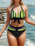 New Bikini Striped Bow Halter High Waist 2 Piece Swimsuit for Women – Colorful Backless Bikini Set with Knot Detail for Summer – Stretchy Retro-Inspired Summer Bathing Suit for Beach Vacation Pool Party Resort Look