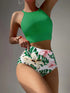Island Bloom High Waist Bikini Set for Summer – Colorblock Tropical Print Two-Piece Swimsuit with Round Neckline Ultra-Stretch Fit & Applique Detail – Stylish and Comfortable Women’s Swimwear for Pool Beach & Summer Escapes