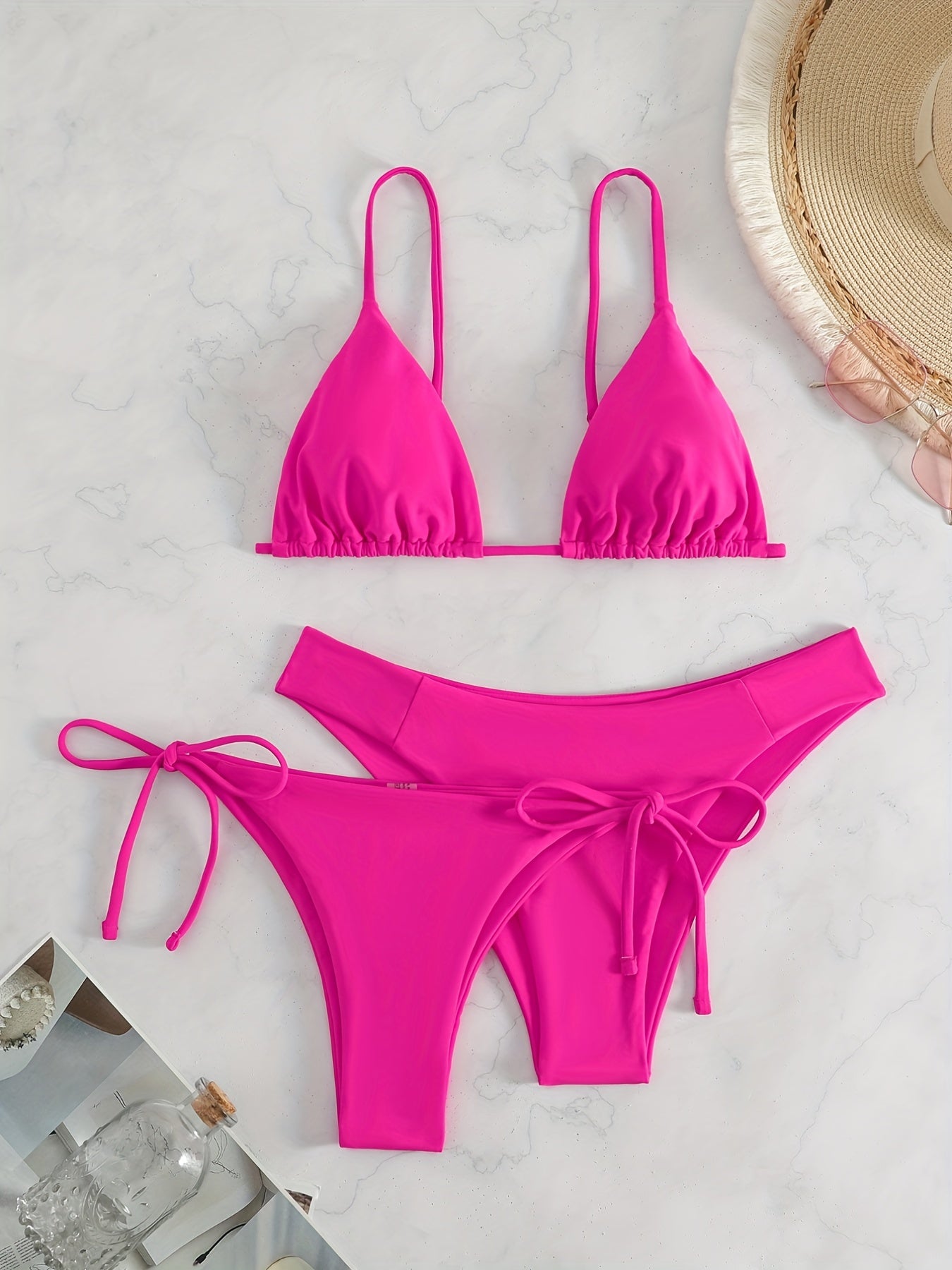 Essential Edge 3-Piece Bikini Set for Women – Solid Color High-Cut Triangle Top Two-Style Bottoms with Side Lace-Up Design & Quick-Drying Comfort – Versatile Women's Swimwear for Summer Pool Beach & Travel