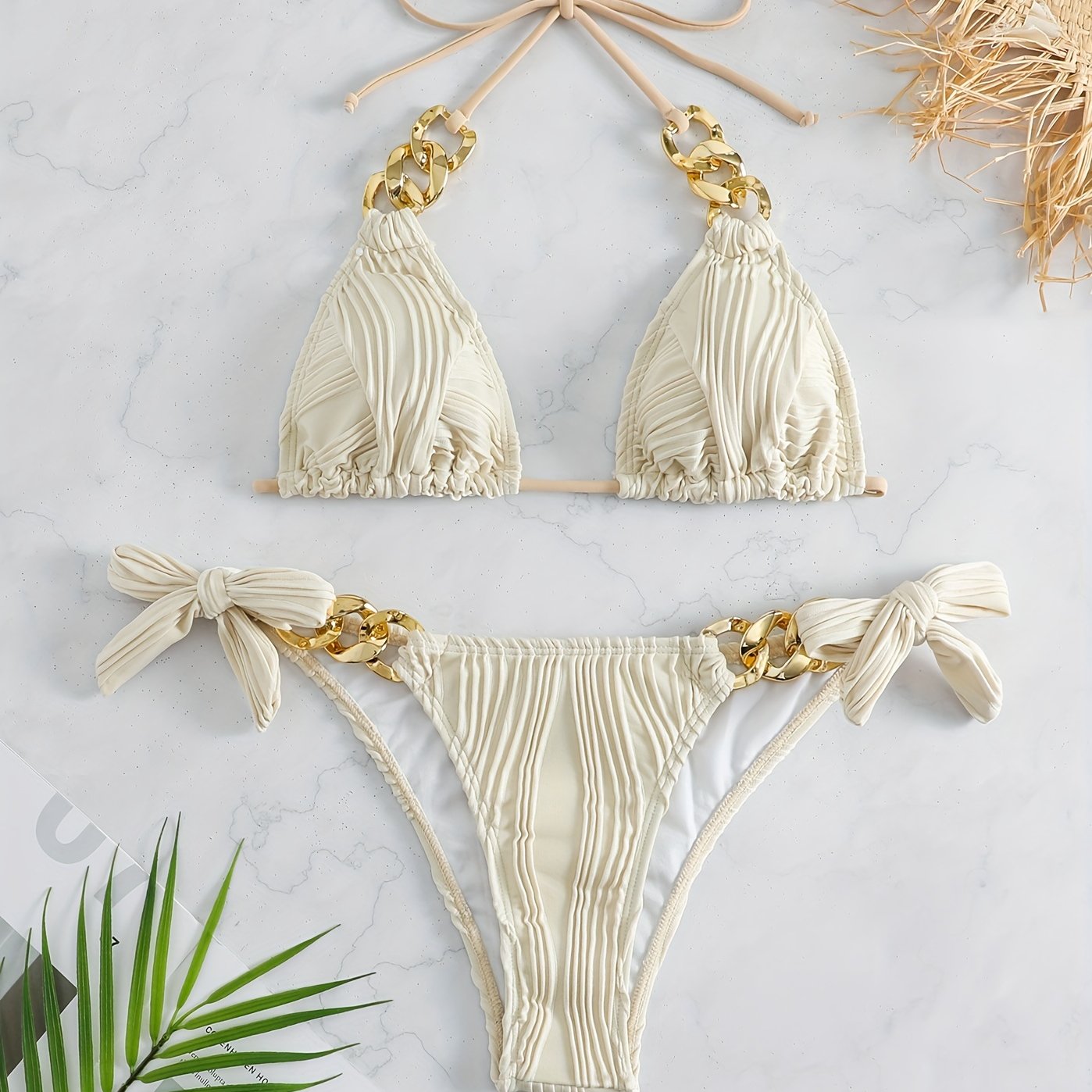 Bikini Ruched Texture Golden Chain 2 Piece Triangle Swimsuit for Women – Striped Halter Bikini Set with Bow Tie Side and Elegant Ring Link Detail – Stretchy Beachwear for Pool Bathing and Summer Vacations