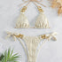 Bikini Ruched Texture Golden Chain 2 Piece Triangle Swimsuit for Women – Striped Halter Bikini Set with Bow Tie Side and Elegant Ring Link Detail – Stretchy Beachwear for Pool Bathing and Summer Vacations