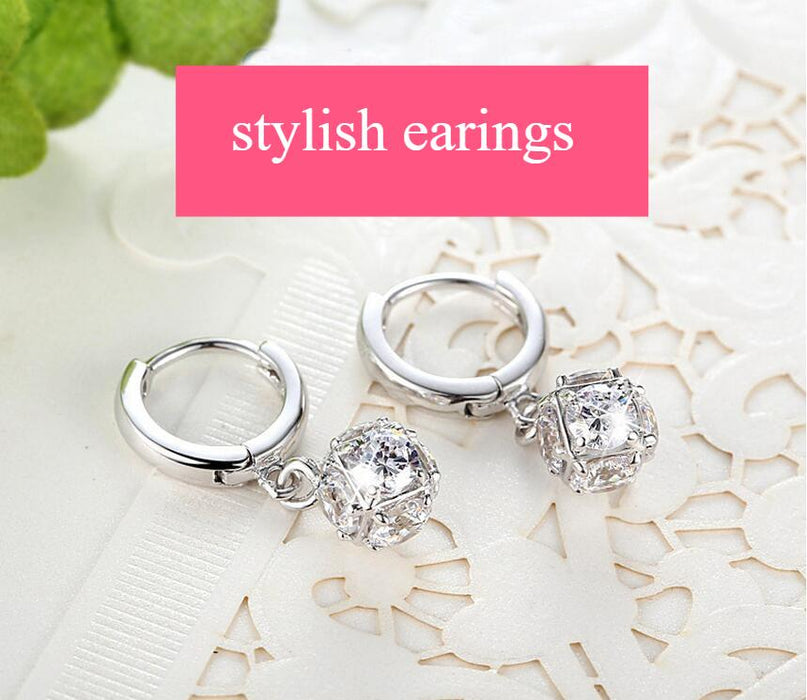Great Luxury 925 Sterling Silver Jewelry Crystal Ball Elegant Stud Earrings For Women Modern Sterling Silver Jewelry