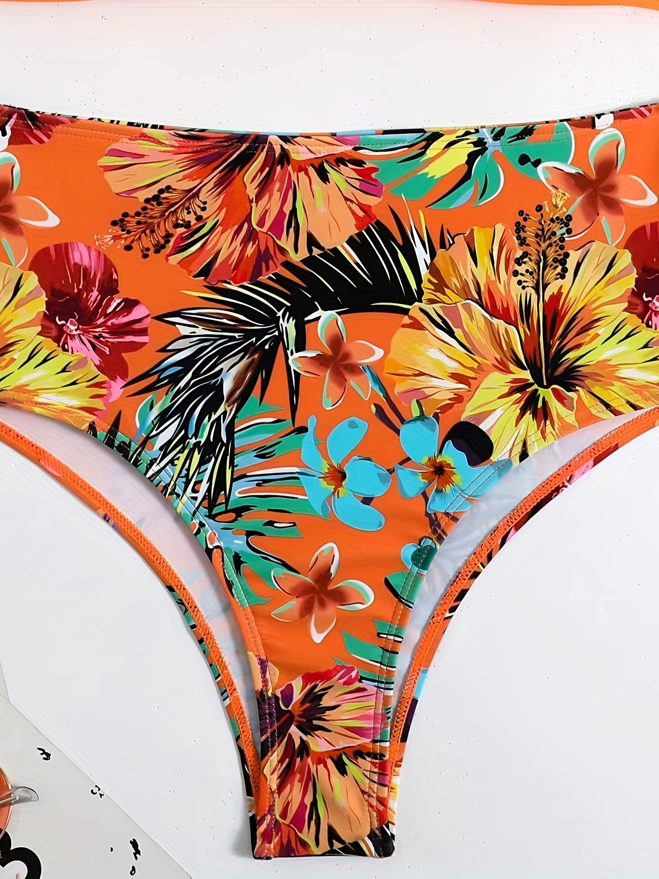 Bikini Tangerine Red Tropical Floral High Waist 2 Piece Swimsuit for Women – Stretchy Off the Shoulder Lace Up Bikini Set with Tummy Control and Customized Fit – Vibrant Summer Beachwear for Vacation Poolside and Resort Looks