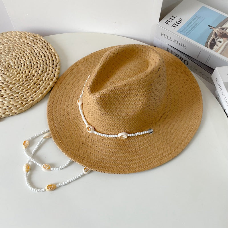 Vintage Seashells Beaded Beach Hats With Chain For Women Elegant Outdoor Ladies Hat Beach Hats Women Seashells Sun Hat Fashion Straw Fedoras Sun Hats Summer Portable Charming Hat
