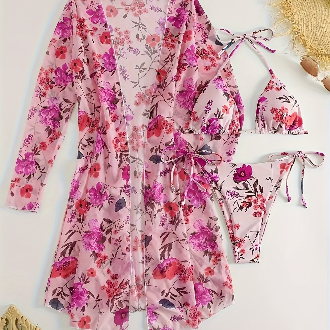 Bikini European Style Floral Print 3 Piece Swimsuit Set for Women – Sexy V Neck Bikini with Cross Strap Detail and Matching Long Sleeve Cover-Up – High Stretch Trendy Swimwear for Summer Beach Vacations Resort Looks and Poolside Fashion