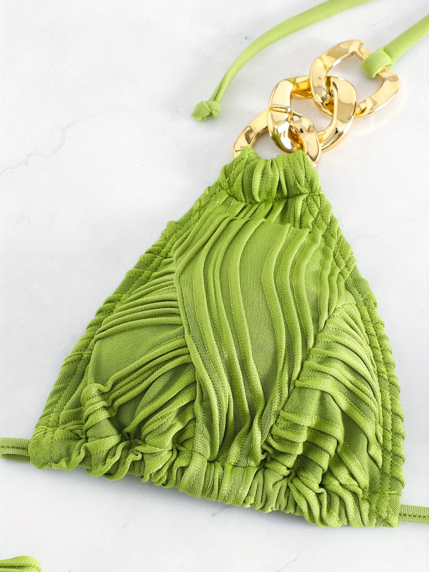 Bikini Ruched Texture Golden Chain 2 Piece Triangle Swimsuit for Women – Striped Halter Bikini Set with Bow Tie Side and Elegant Ring Link Detail – Stretchy Beachwear for Pool Bathing and Summer Vacations