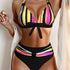 New Bikini Striped Bow Halter High Waist 2 Piece Swimsuit for Women – Colorful Backless Bikini Set with Knot Detail for Summer – Stretchy Retro-Inspired Summer Bathing Suit for Beach Vacation Pool Party Resort Look