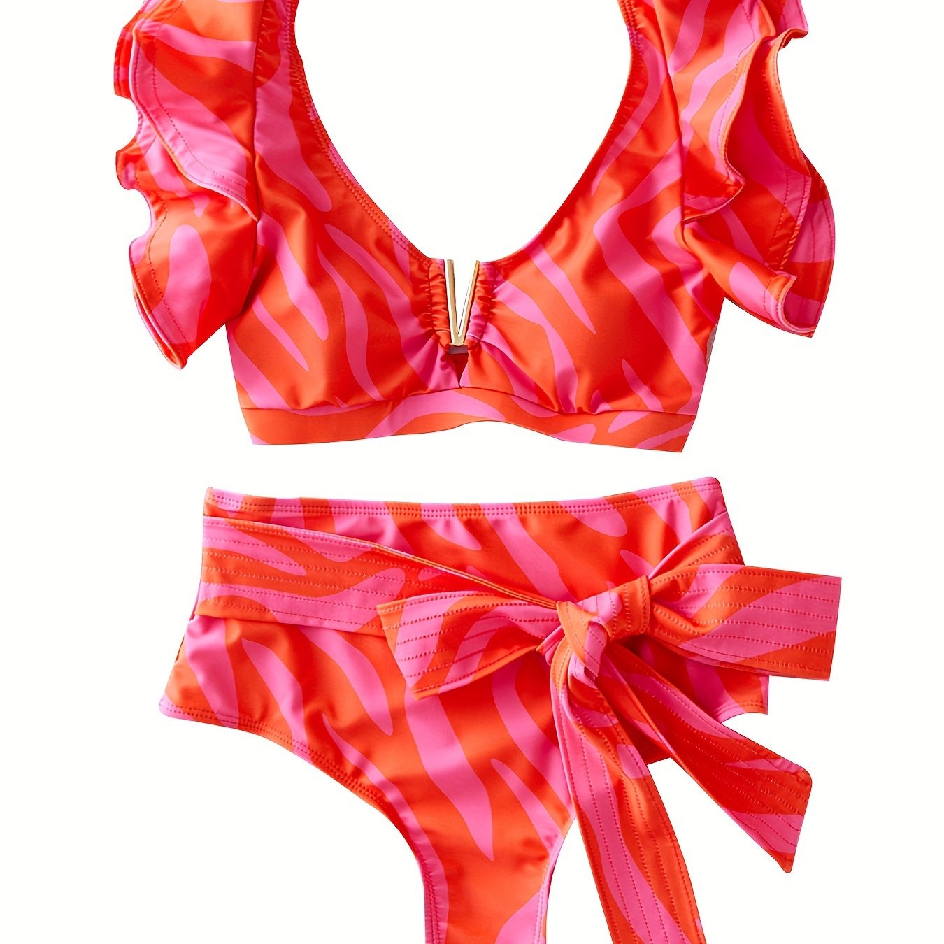 New Vibrant Ruffle V-Notch Bikini Set – Flattering Tie Front Design with High Waist & High Cut Bottoms – Solid Color Two-Piece Swimsuit for Women’s Valentine’s Day Beachwear Poolside Lounging & Summer Escapes
