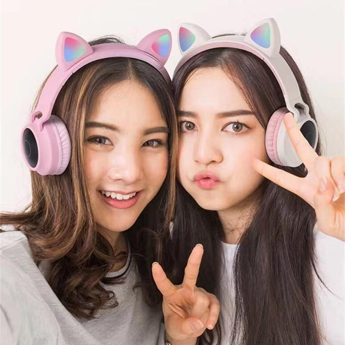 STEVVEX New Luxury Interesting LED Cat Ear Noise Cancelling Headphones Bluetooth 5.0  For Young People and  Kids Headset Support TF Card 3.5mm Plug With Mic