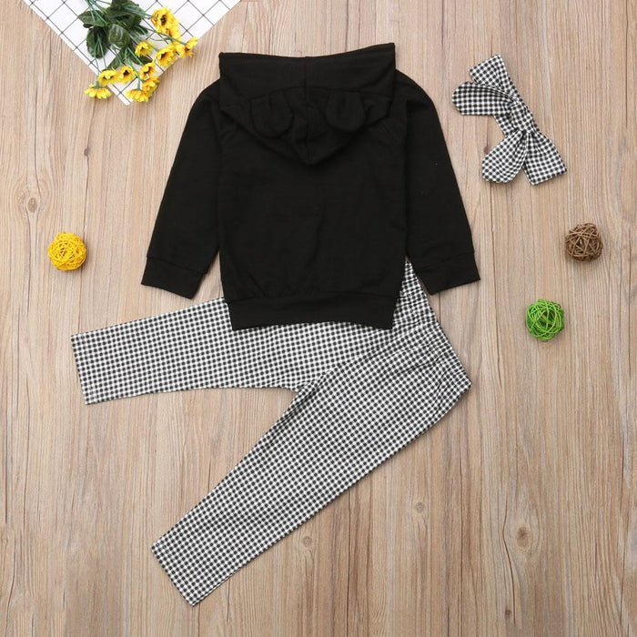 1-6Y Winter Toddler Baby Girls Clothes Sets, Hooded Pullover Black Tops and Ruffles Plaid Pants Headband In Modern New Style