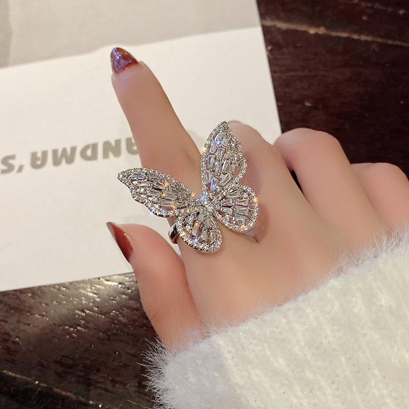 Fashion Jewelry Opening High-Grade  Zircon Butterfly Ring Luxury Shiny Cocktail Party Ring For Women