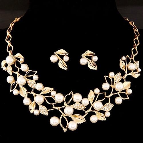 Bridal Simulated Pearl Jewellery Sets for Women's Dresses Accessories Cubic Necklace Earrings Set Gold Color