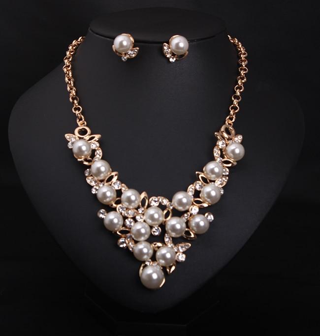 Bridal Simulated Pearl Jewellery Sets for Women's Dresses Accessories Cubic Necklace Earrings Set Gold Color