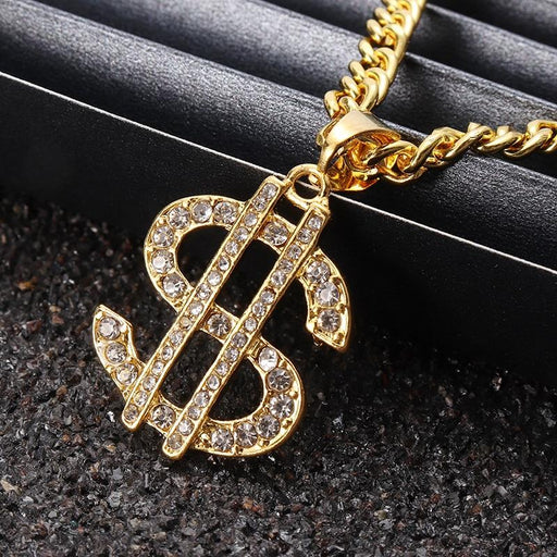 Luxury Dollar Shiny Diamond Pendant Necklaces Luxury Gold Color Long Chain Necklace Men adn Women Accessories