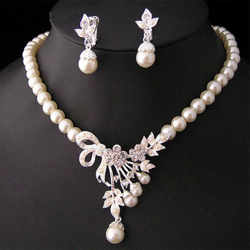 Elegant Lady Luxury Pearl Jewelry Sets For Women Excelent for  Wedding Bridal Crystal Necklace Earrings Set