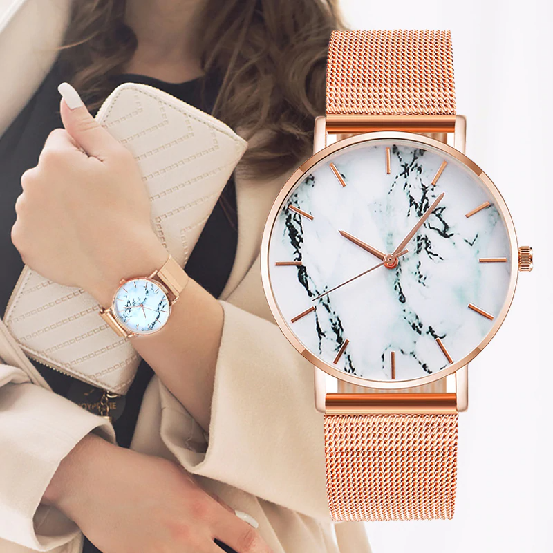 STEVVEX Fashion Rose Gold Mesh Band Creative Marble Female Wrist Watch Luxury Women Quartz Watches Gifts  For Women and Girls