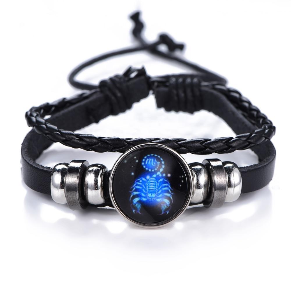 New Gemini C Leo Virgo Libra Scorpio 12 Constellation Amazing Black Elegant Punk Leather Bracelet Zodiac Bracelet For Men And Women