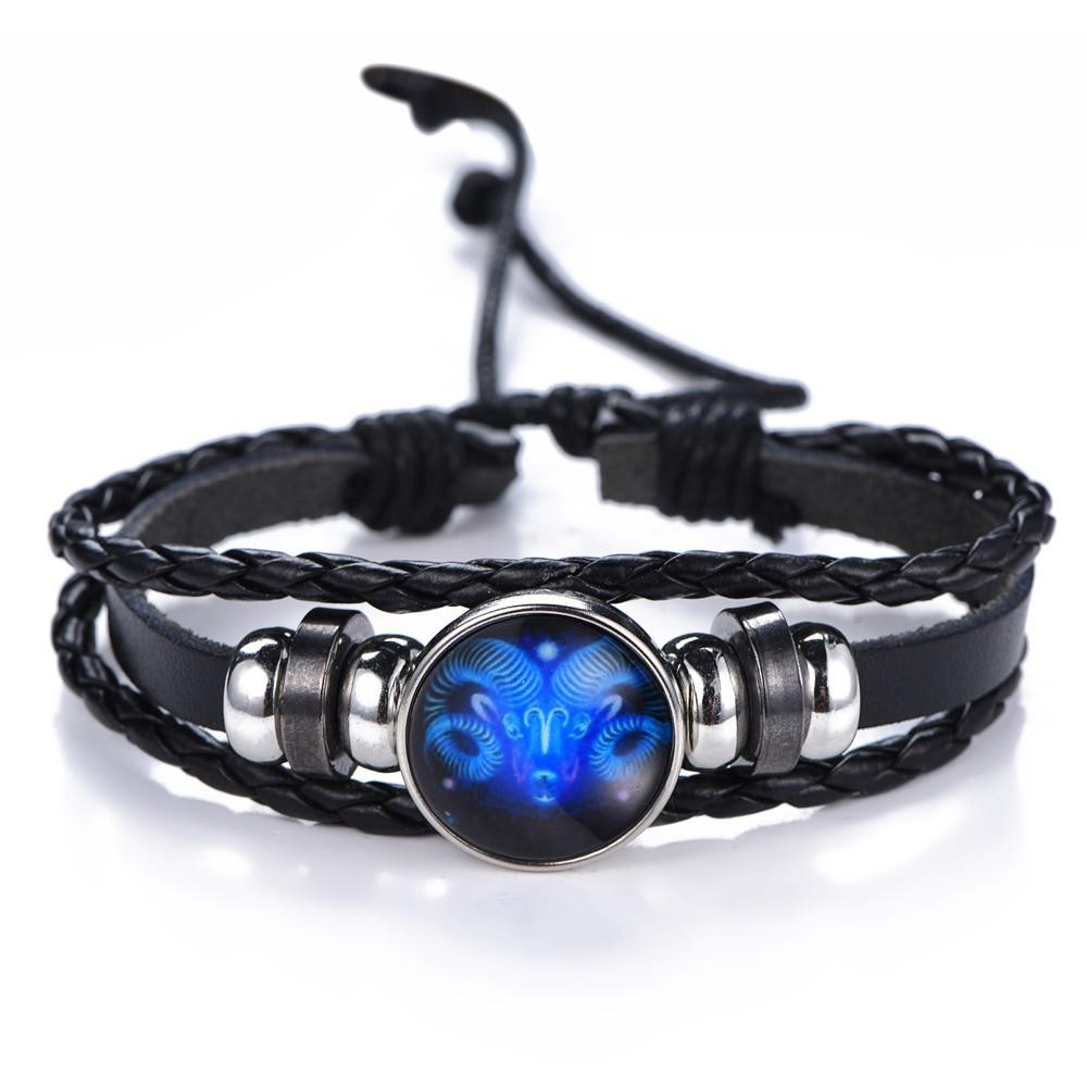 New Gemini C Leo Virgo Libra Scorpio 12 Constellation Amazing Black Elegant Punk Leather Bracelet Zodiac Bracelet For Men And Women