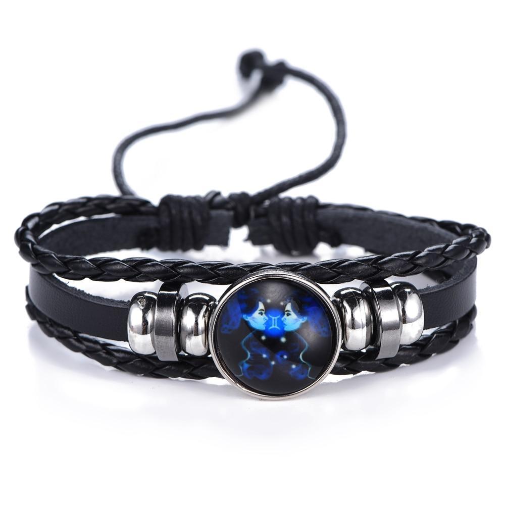 New Gemini C Leo Virgo Libra Scorpio 12 Constellation Amazing Black Elegant Punk Leather Bracelet Zodiac Bracelet For Men And Women