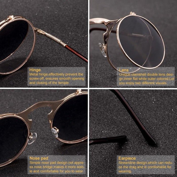 Luxury Retro  Vintage Steampunk Flip  Retro Round Metal Frame Sunglasses for Men and Women Brand Designer Circle Glasses Oculos Leon sunglasses