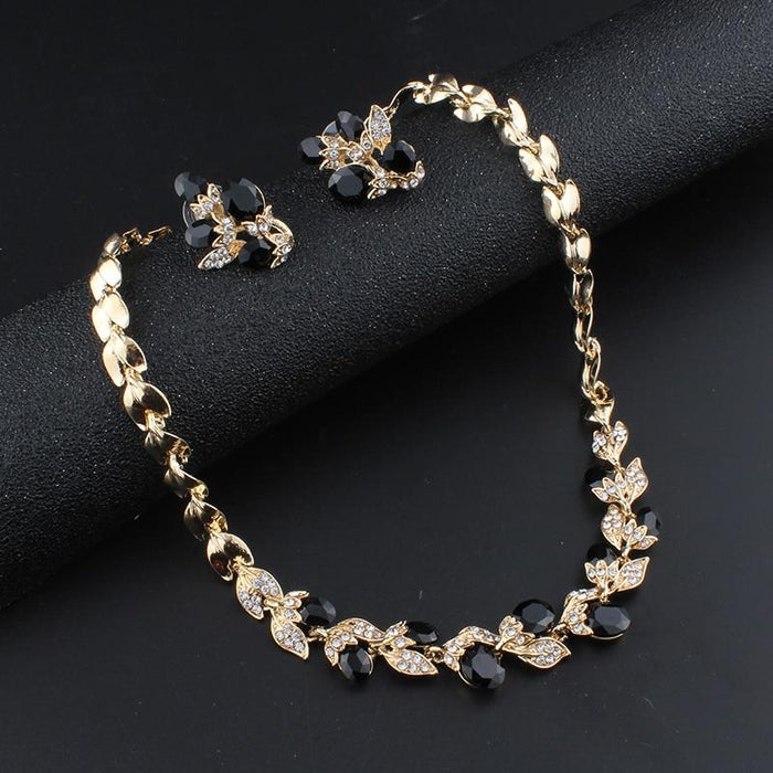 Luxury Elegant Woman HIgh Quality Diamond Wedding Jewelry Sets for Women Red Black White Necklace Earrings Sets of Chain