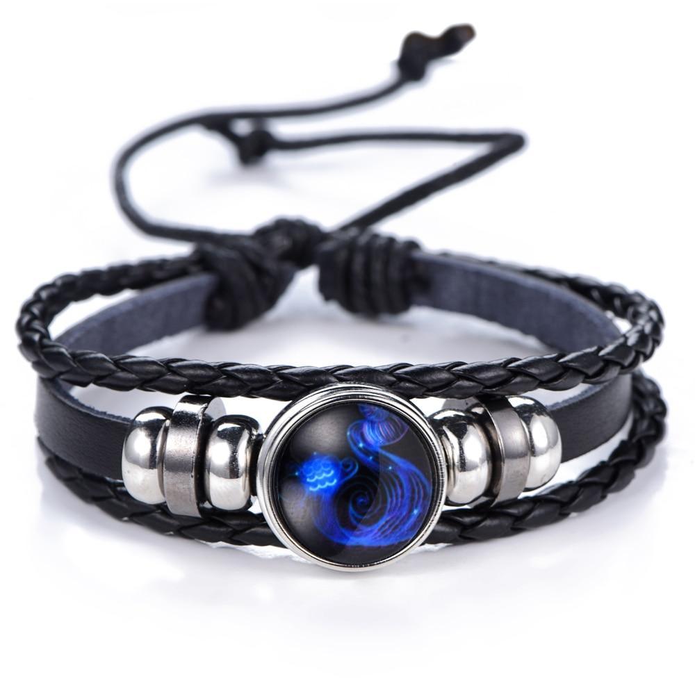 New Gemini C Leo Virgo Libra Scorpio 12 Constellation Amazing Black Elegant Punk Leather Bracelet Zodiac Bracelet For Men And Women