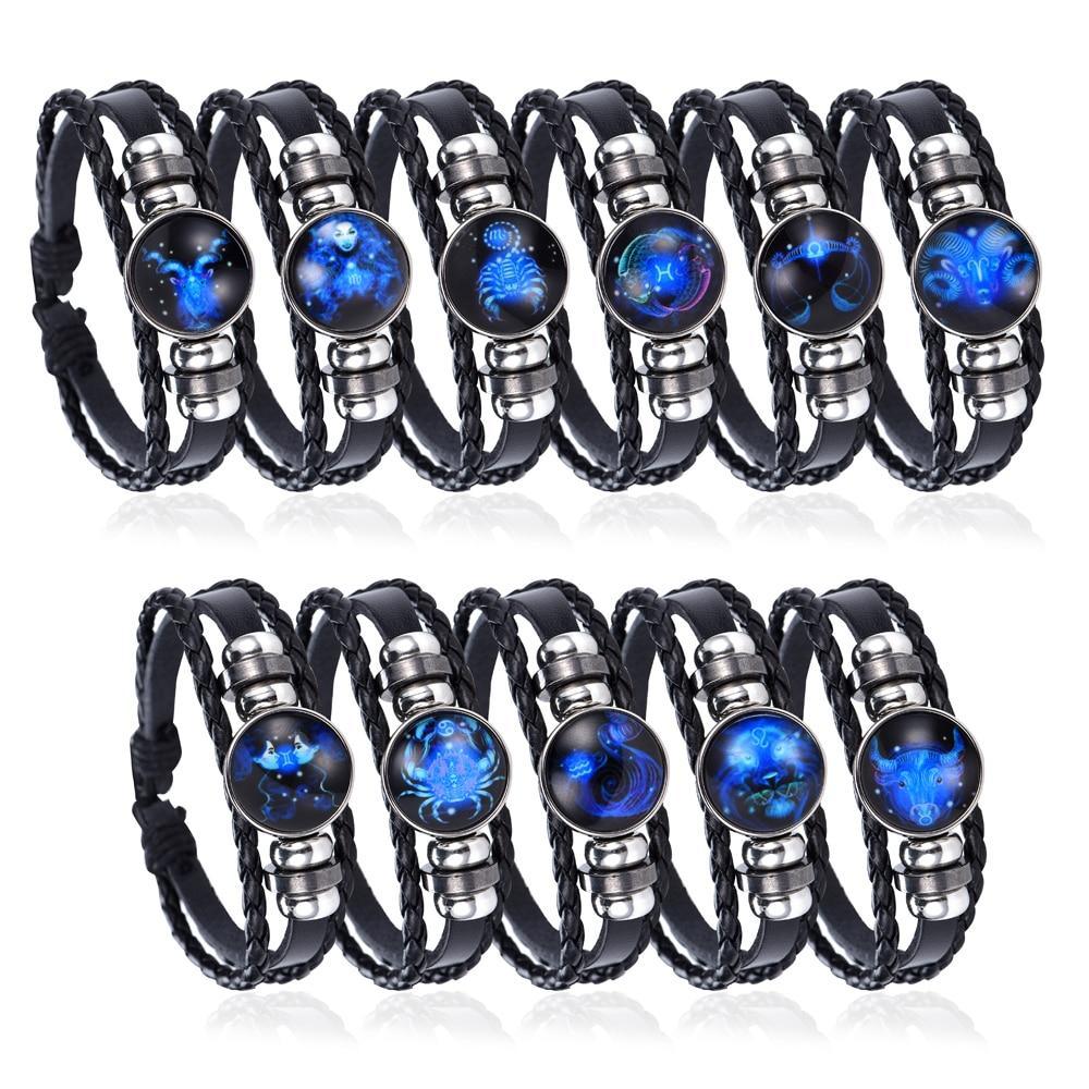 New Gemini C Leo Virgo Libra Scorpio 12 Constellation Amazing Black Elegant Punk Leather Bracelet Zodiac Bracelet For Men And Women