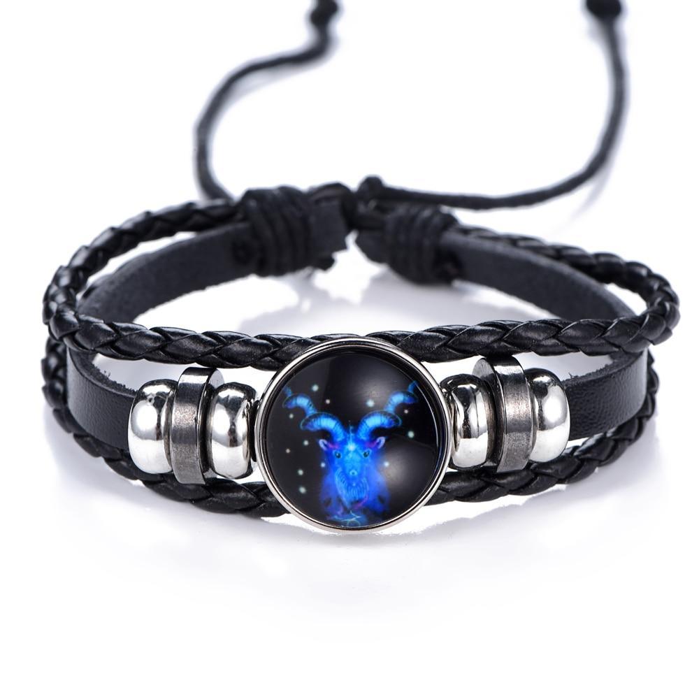 New Gemini C Leo Virgo Libra Scorpio 12 Constellation Amazing Black Elegant Punk Leather Bracelet Zodiac Bracelet For Men And Women